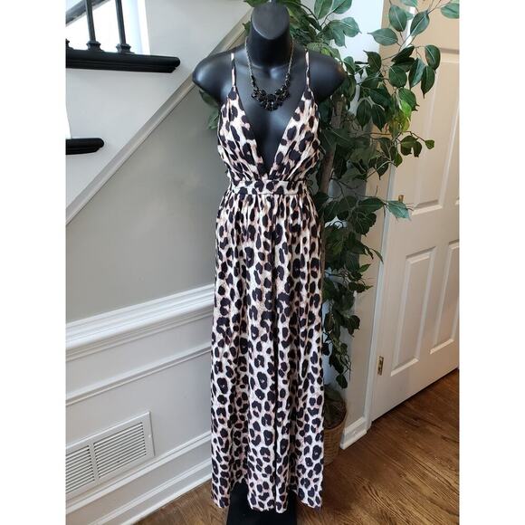 SHEIN Long Maxi Dress Womens Size 2 Black & Beige Leopard Plunge Neck Sleeveless - Picture 2 of 16